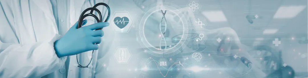 Doctor holding medical instruments with digital biomarker and DNA graphics representing advanced longevity and regenerative medicine.