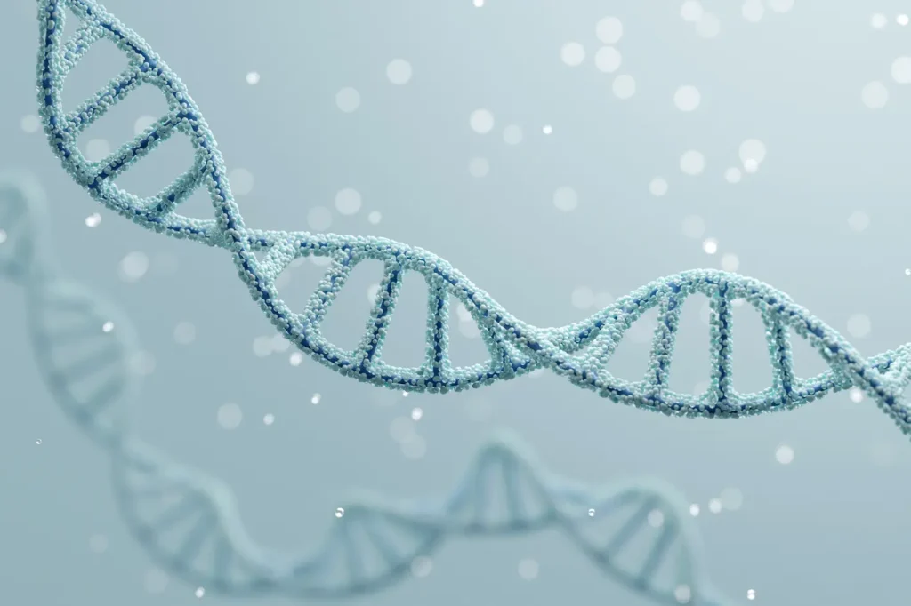 Physiologic biomarkers of aging DNA Helix in shades of blue with reflection