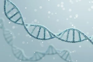 Physiologic biomarkers of aging DNA Helix in shades of blue with reflection