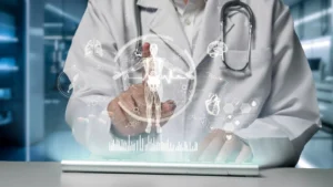 Physician reviewing digital body composition scan on tablet with skeletal and muscular overlay representing muscle mass and longevity assessment.