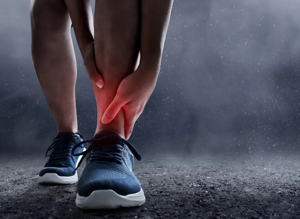 athlete holding ankle in discomfort, illustrating muscle strain or partial tear from physical activity