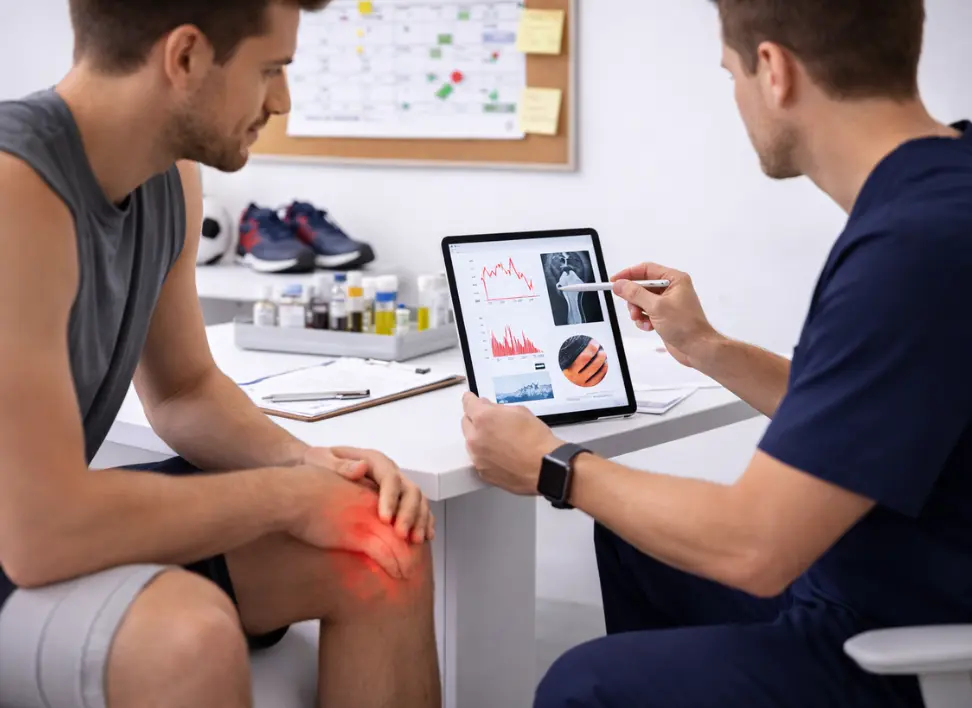 Athlete reviewing knee joint imaging and performance data with physician in a modern clinic setting, representing precision regenerative medicine, stem cell therapy and sports injury evaluation