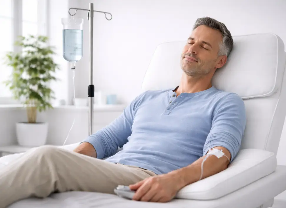 Man resting comfortably in treatment chair receiving IV therapy in a clean, modern medical clinic