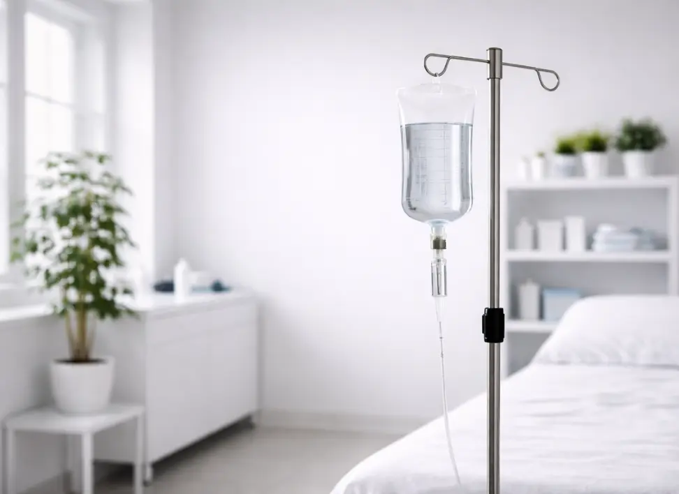 Close-up of IV fluid bag hanging on stand in a bright, modern treatment room with soft, clean background