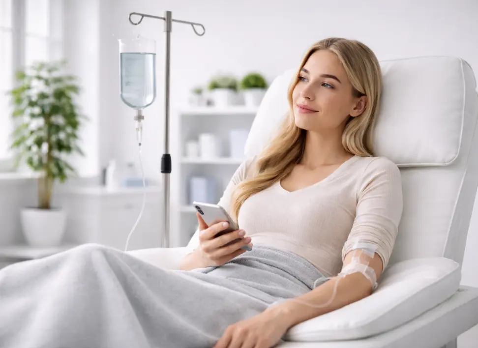 Woman relaxing in medical chair receiving IV therapy while holding phone in a bright, modern clinic setting