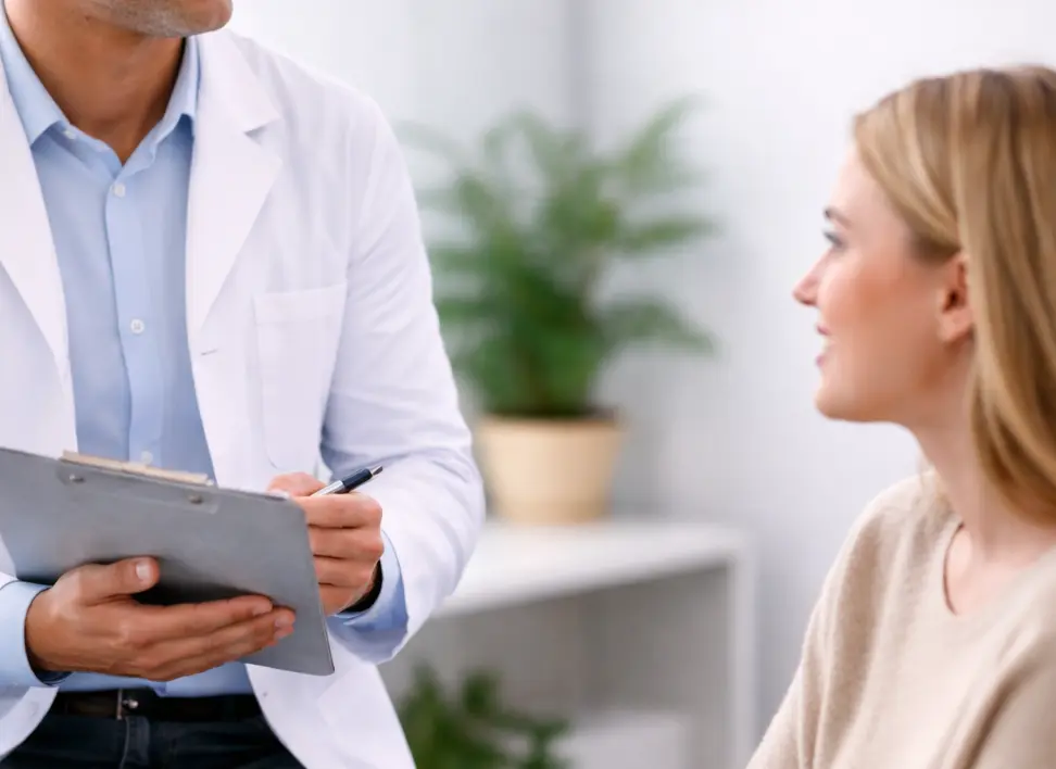 Physician discussing ketamine therapy with patient during evaluation in a modern Miami clinic

