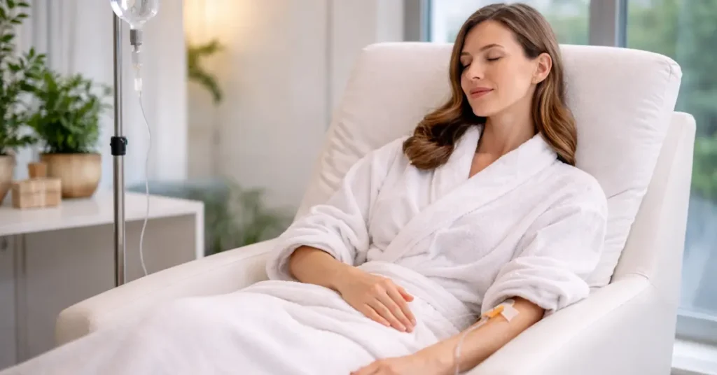 Patient receiving ketamine therapy in a modern Miami clinic, relaxing in a comfortable chair with physician supervised IV infusion