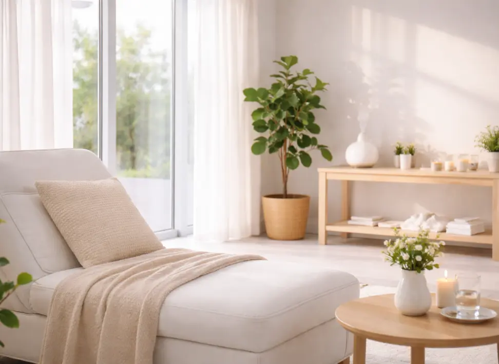 Calm and modern wellness clinic interior designed for ketamine therapy and patient relaxation