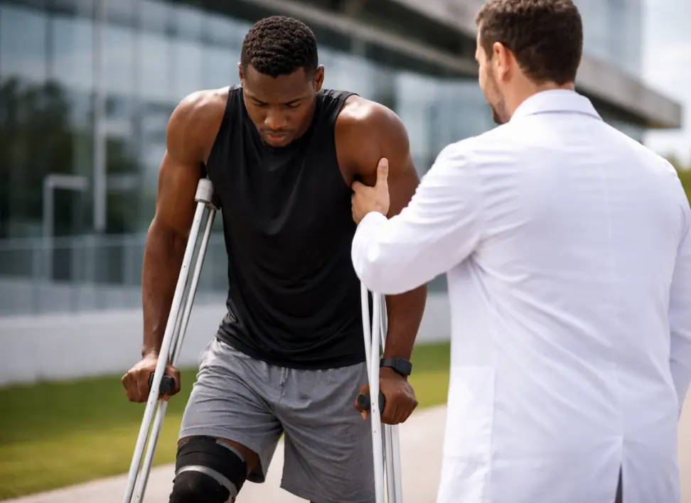 Injured athlete using crutches while physician provides support, illustrating guided stem cell therapy recovery and physician-led care in sports medicine