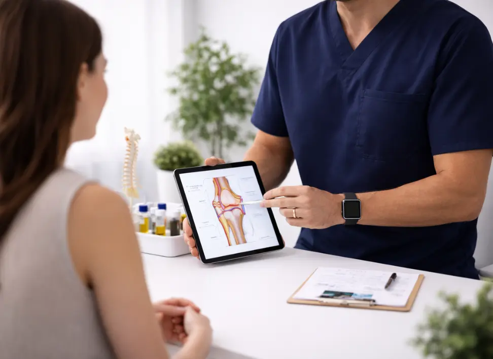 Physician in navy scrubs showing knee joint anatomy on a tablet to a patient during a medical consultation in a modern clinic