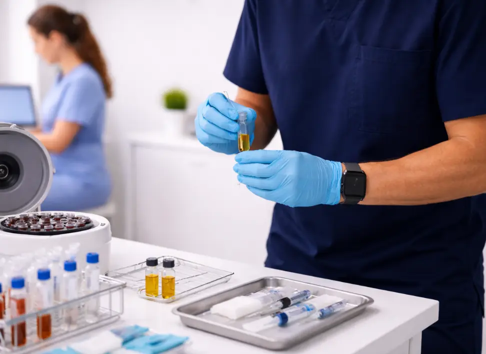 Physician in navy scrubs and gloves preparing stem cell solution with laboratory equipment in a modern medical clinic