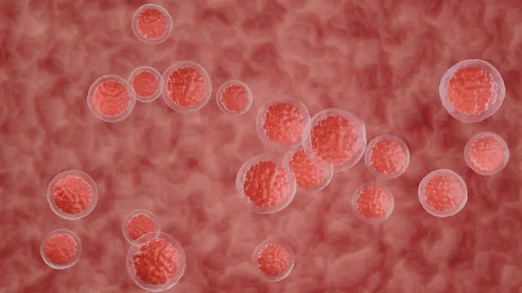 A 3D image of stem cells in shades of red and pink.