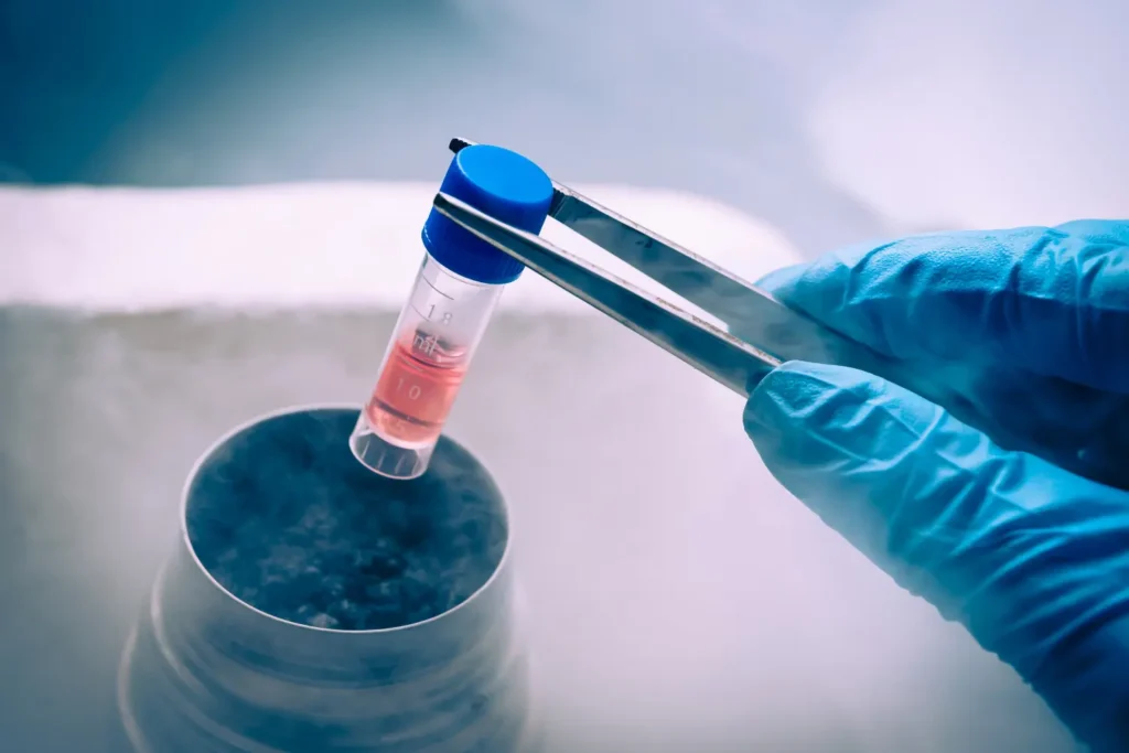 Stem cell sample being placed in cryogenic storage representing aging research at NeoMedicine Institute Miami FL