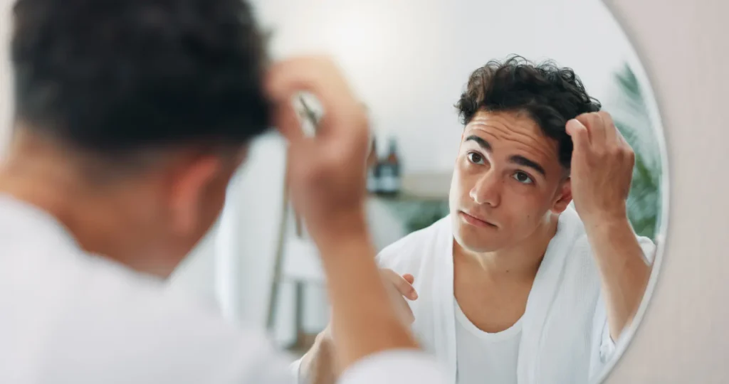 Man looking in mirror mirror worrying about for balding.