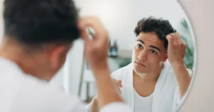 Man looking in mirror mirror worrying about for balding.